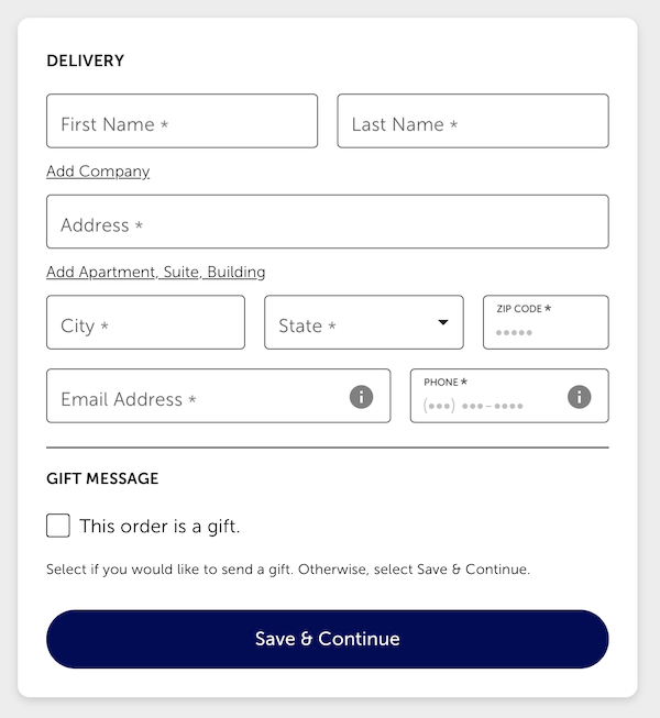 Various input fields arranged in grids and rows in a checkout form