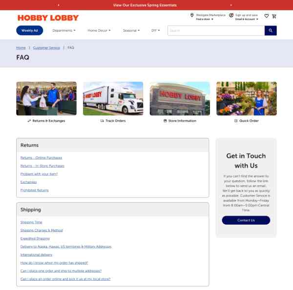 Hobby Lobby website FAQ page