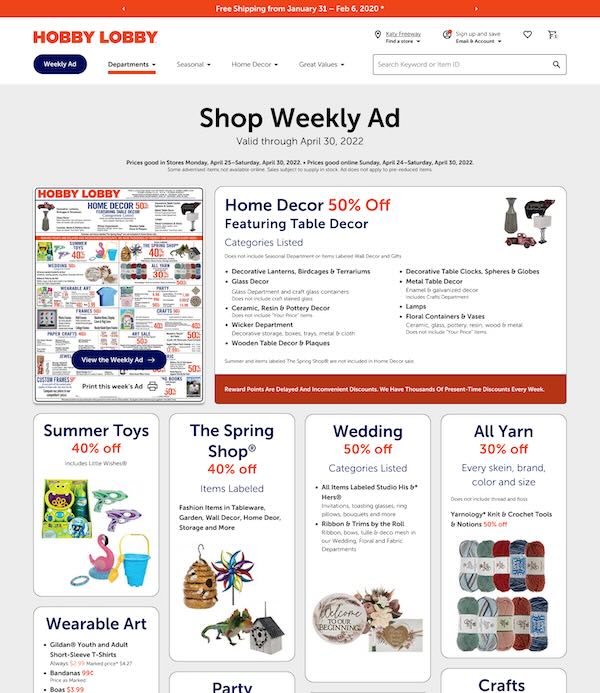 The Hobby Lobby website's Weekly Ad page, featuring a digital version of the company's print advertisement