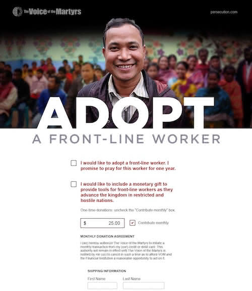 Screenshot of Web page for the VOM Adopt a Frontline Worker campaign