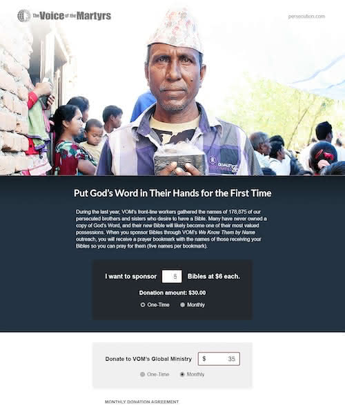 Screenshot of Web page for the VOM Bible sponsorship campaign