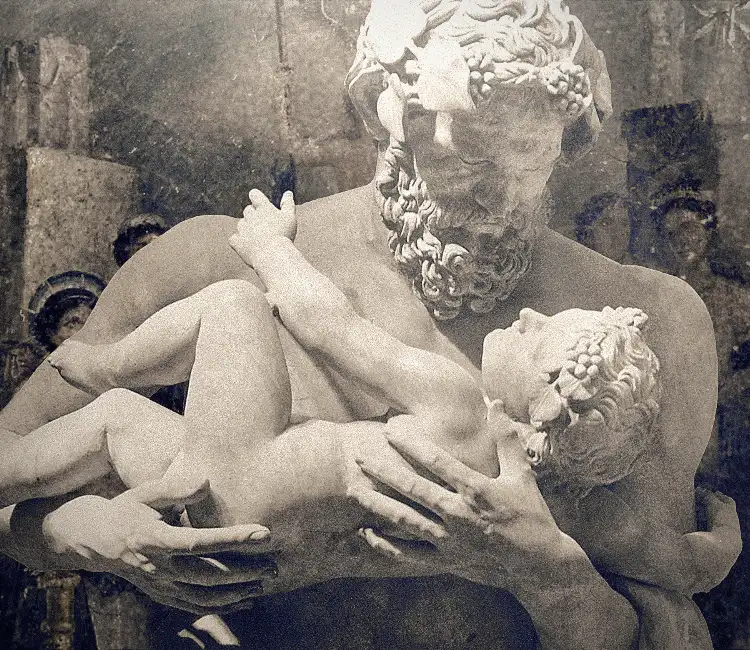 Foreground: Silenus Holding the Child Dionysus. Louvre Museum, Paris, c. 1860s; Background: Edited photograph of Dionysus with long torch sitting on a throne, with Helios, Aphrodite and other gods. Antique fresco from Pompeii.