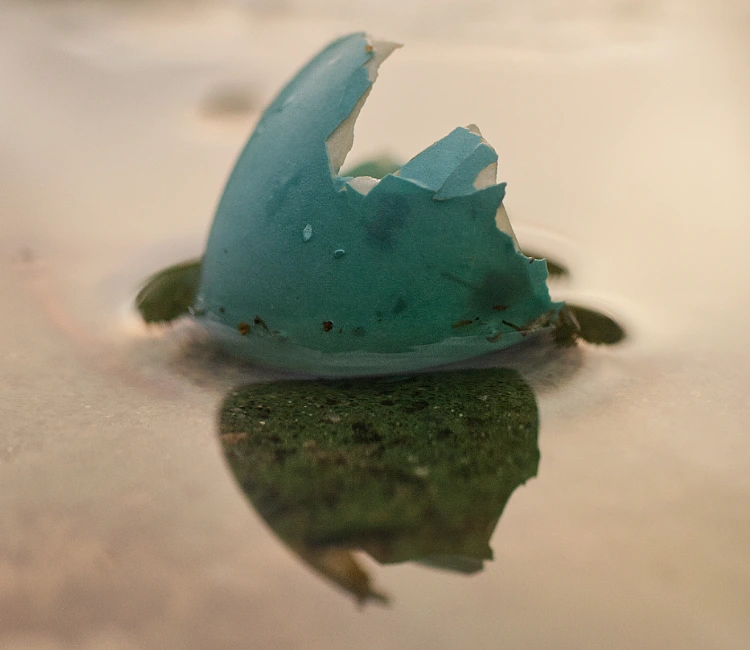 A small broken bird’s egg resting in a pool of water.